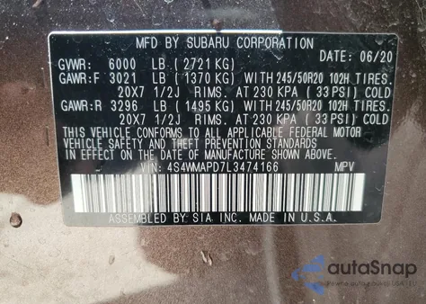 2020 Subaru Ascent Limited from USA, damaged, VIN 4S4WMAPD7L3474166